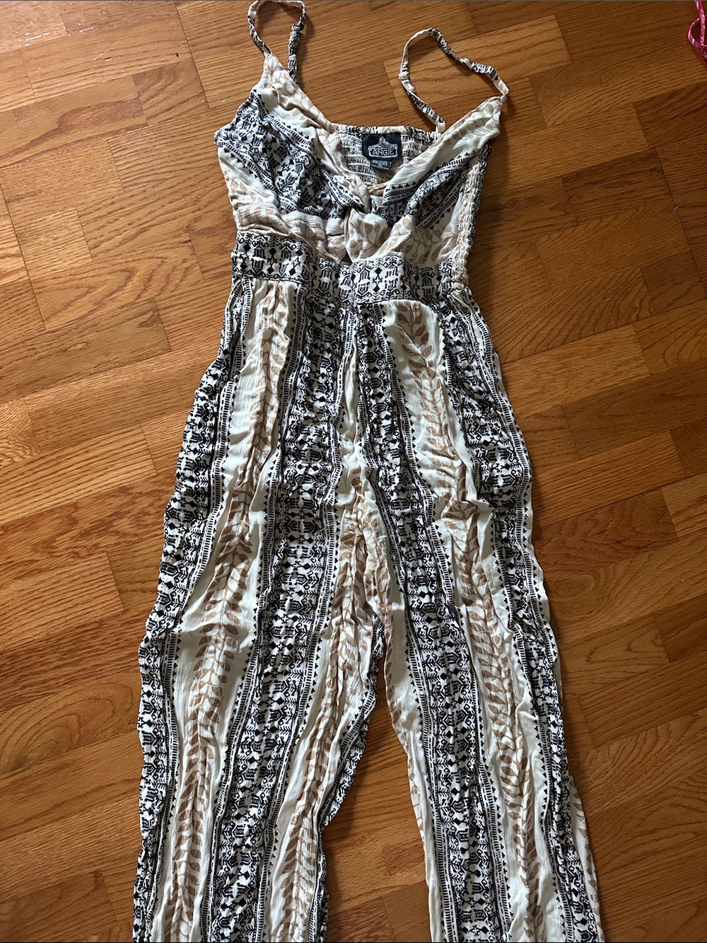 Angie Cream & Black Printed Spaghetti-Strap Jumpsuit